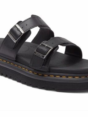 Dr. Martens Myles Black Leather Double-Strap Sandals with Yellow Stitching Sz 6